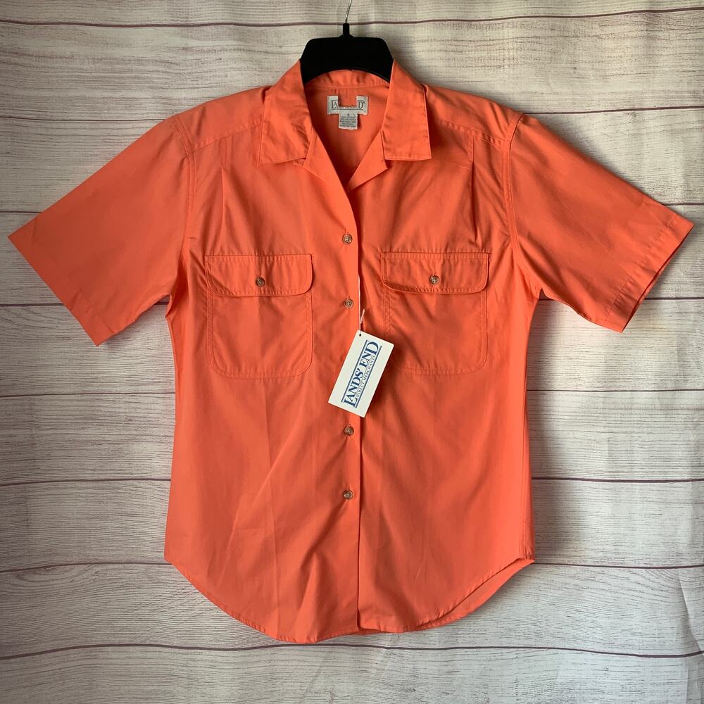 Lands' End Salmon Orange Button Up Short Sleeve Utility Shirt Size 8